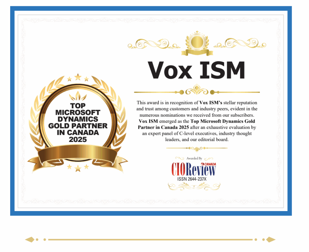 Vox ISM Top Microsoft Dynamics Gold Partner in Canada 2025 VOX ISM